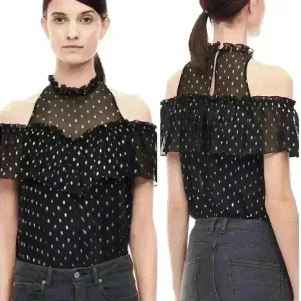 Rebecca Taylor Black Cut Out Glitter Ruffle Silk High-Neck Sheer Panel Top, 8